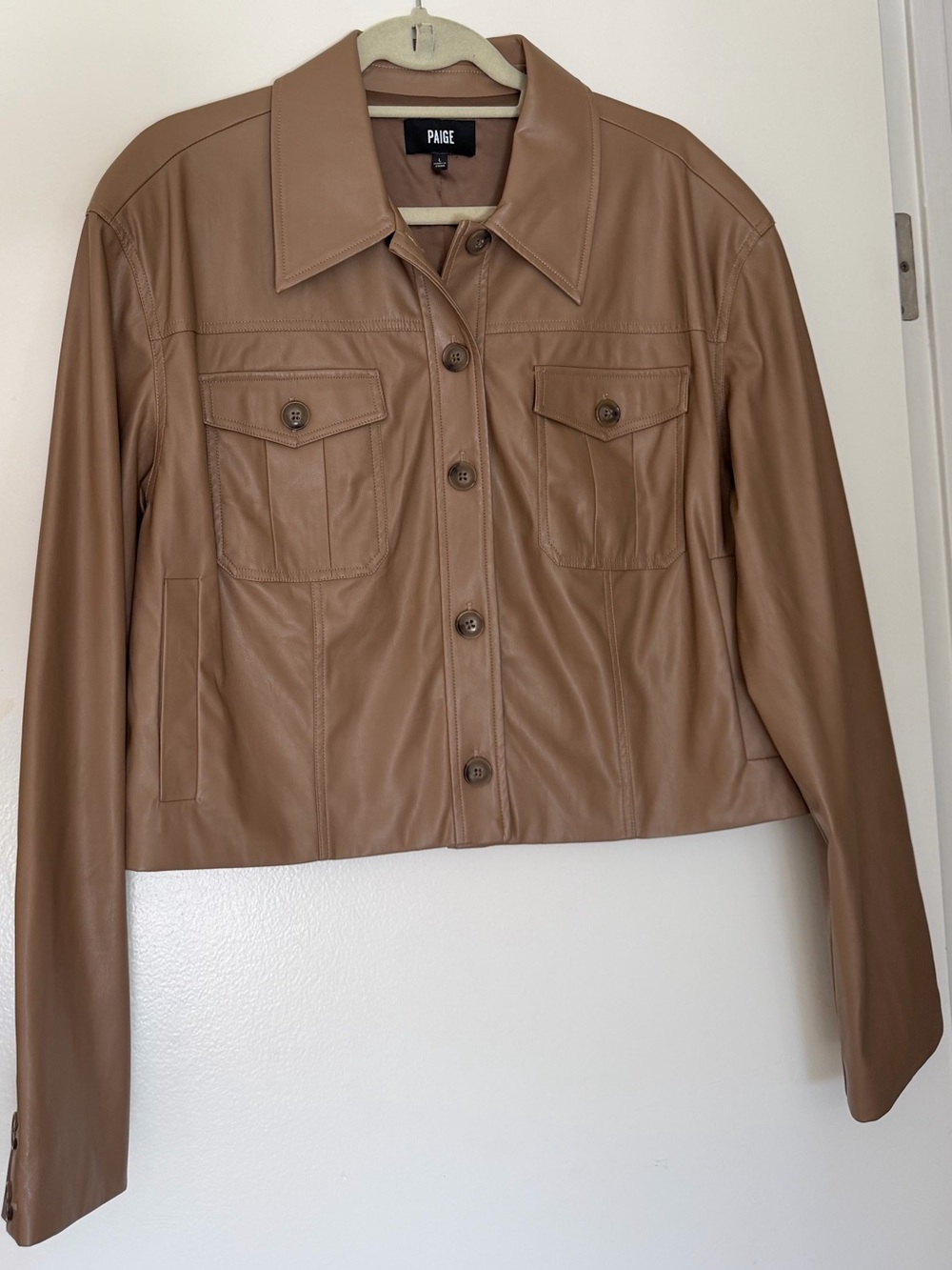 PAIGE Camel Vegan Leather Cropped Utility Jacket